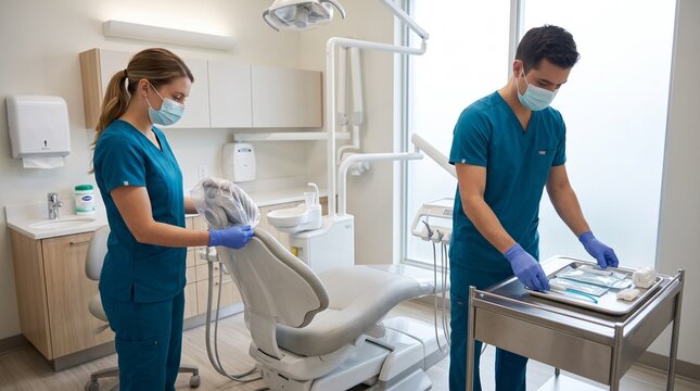 Dental assistants reset a treatment room between patient visits