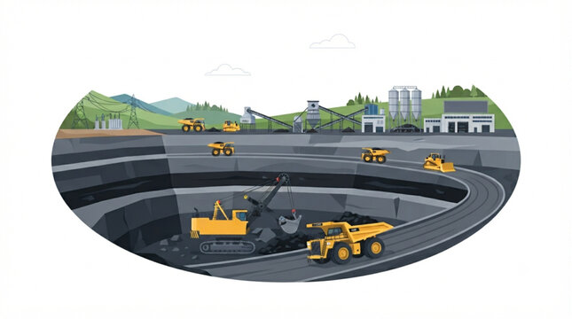 Open pit coal mining site with heavy equipment vector illustration