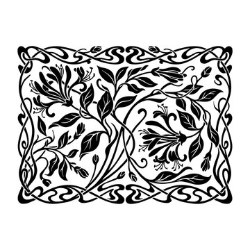 Art nouveau floral border vector illustration with honeysuckle and leaves