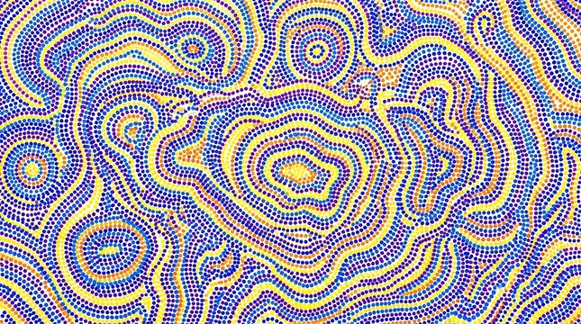 Abstract dot painting with colorful concentric circles and flowing organic patterns