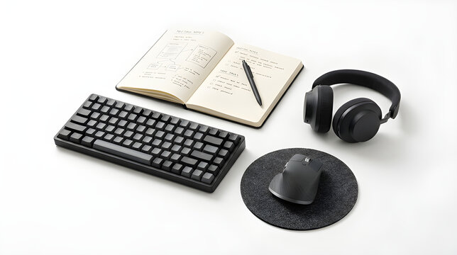 Minimalist workspace setup with black wireless keyboard, computer mouse, noise-canceling headphones, open notebook with notes, and pen on white background, office desk overhead view, productivity kit
