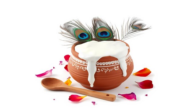 Dahi handi clay pot overflowing with butter and peacock feathers
