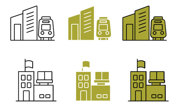 Modern city buildings with train and school building with flag in three styles