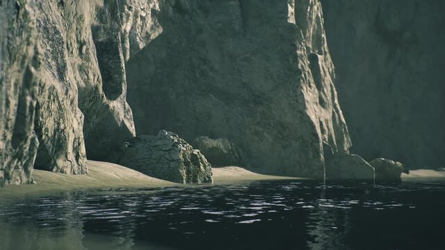 Cinematic shoreline with dramatic cliff backdrop, low light reflection, textured rock formations, empty frame for staging, productionready location for film