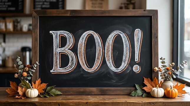 Boo chalkboard sign with white pumpkins and fall foliage for rustic coffee shop decoration.