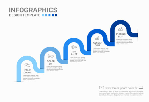 Five-step infographic template featuring a winding wave line. Vector illustration.