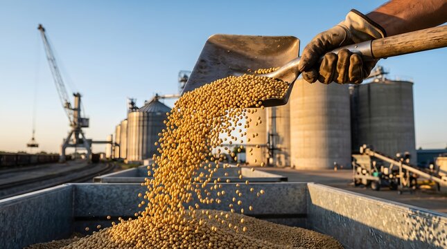 Worker Pouring Raw Soybeans into Industrial Storage Granary Container