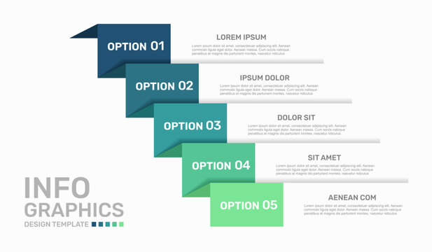 Modern business infographic template featuring five numbered colorful staircase steps and text. Vector illustration.