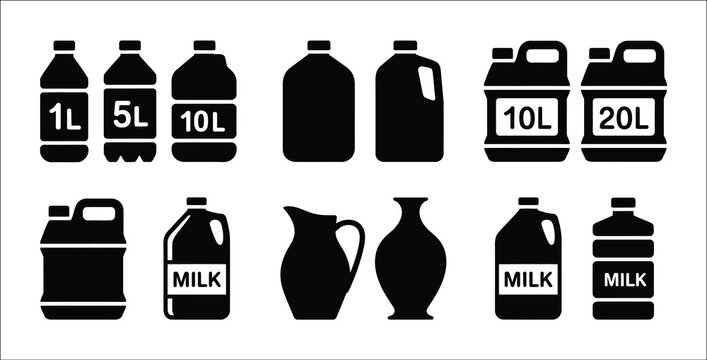 Liquid container and plastic jerrycan silhouette icon set featuring fuel canisters milk bottles water jugs and measuring cup packaging symbols