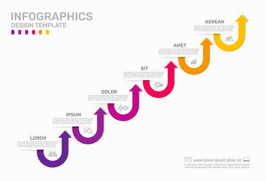 Six-step infographic template with a winding curved arrow line. Vector illustration.
