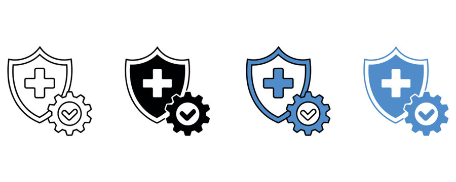 Medical shield with cross, healthcare security, health insurance, and system settings checkmark gear icon set vector illustration.