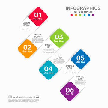 Infographic design template with numbered steps, colorful geometric shapes, line elements. Vector illustration.
