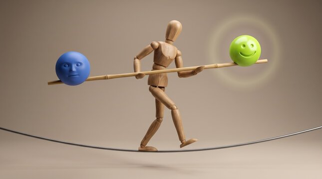 A wooden mannequin balances on a tightrope with a blue stressed ball and a green happy ball