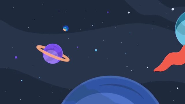 Flat Space Shuttle Rocket Flying Across Planets in Galaxy Motion Animation Background