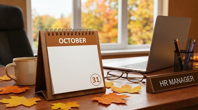 October 31st day 31 of the month calendar on a human-resources manager workplace background during autumn time with empty space for text. october 31st day 31 month calendar human-resources manager