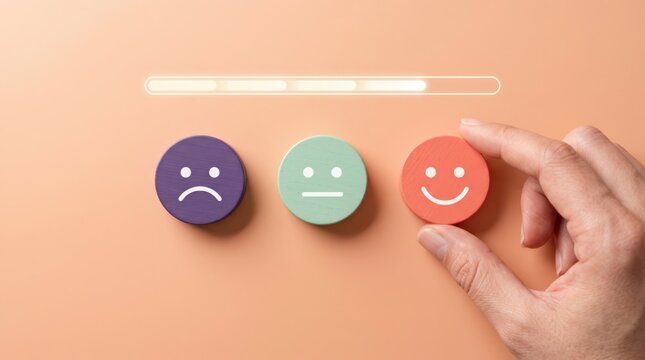 Hand choosing happy face emoticon for customer satisfaction survey feedback