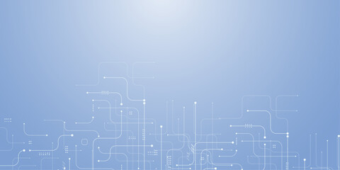 Fototapeta premium AI circuit board background with white tech lines, electronic elements, and semiconductor chip. Modern gray digital vector illustrating connected technology.