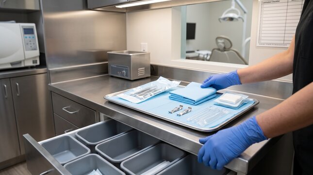 Gloved hands prepare a fresh dental tray from sealed sterile supplies