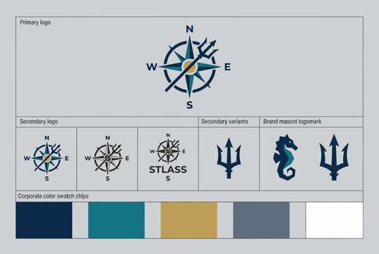Maritime Compass and Trident Logo Brand Identity Kit