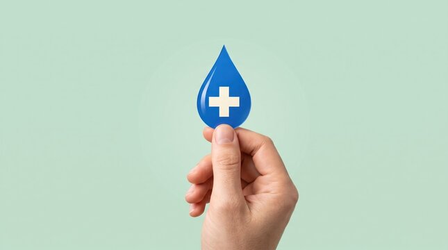 Hand holding blue water drop with medical cross symbol