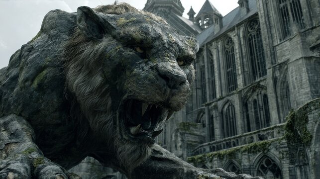Fierce Stone Tiger Statue Guardian of Ancient Gothic Architecture