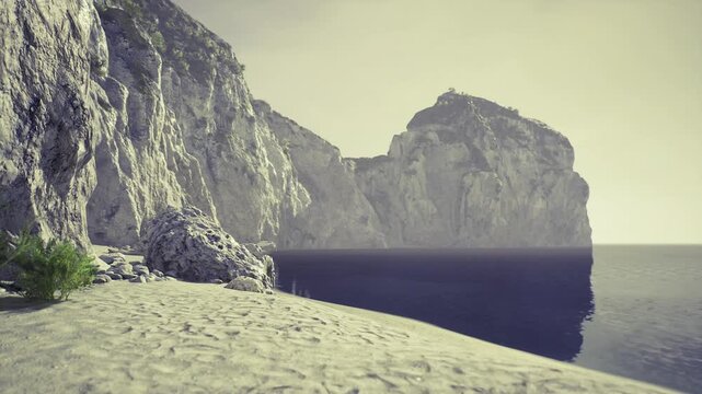 Natural cliff edge with tranquil bay view, grainy vintage filter, textured sand and gentle waves, evocative frame for lifestyle editorials and sustainable