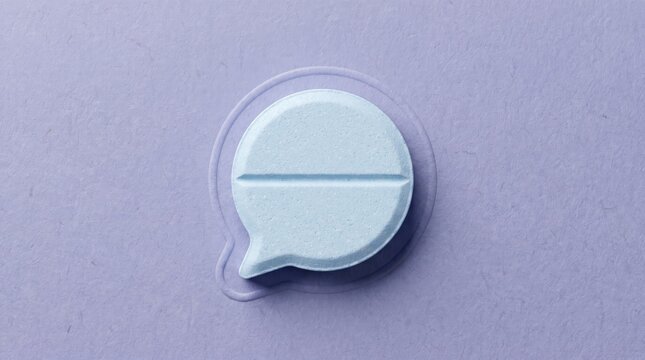 Close-up of blue speech bubble pill on purple background