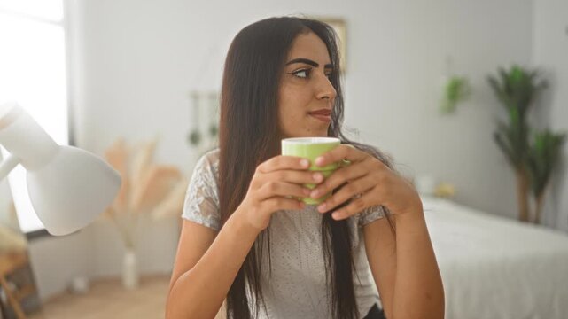 Young arab woman holding a green coffee cup with both hands while seated on a bed in a bright bedroom; calm contemplation.