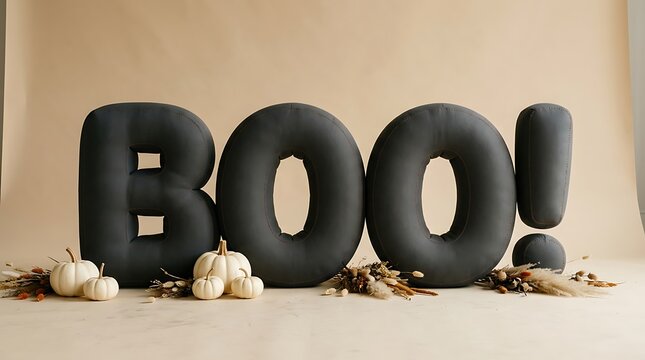 Giant dark inflatable boo letters with pumpkins and dried flowers for halloween.