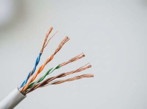 Copper wire pairs inside cable with colorful insulation exposed, showing twisted wiring for network connection