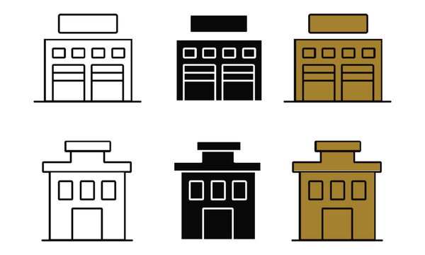 Set of garage and office building in various styles and color schemes