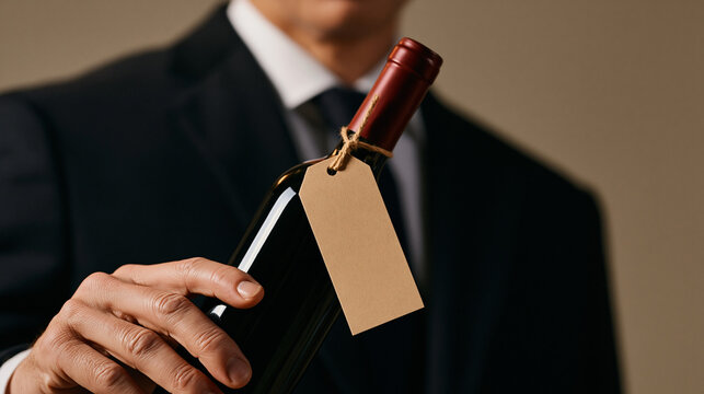 Sommelier standing alone in minimalist studio holding clothing tag attached to wine bottle neck with branded twine, single professional framing showing appellation wording and