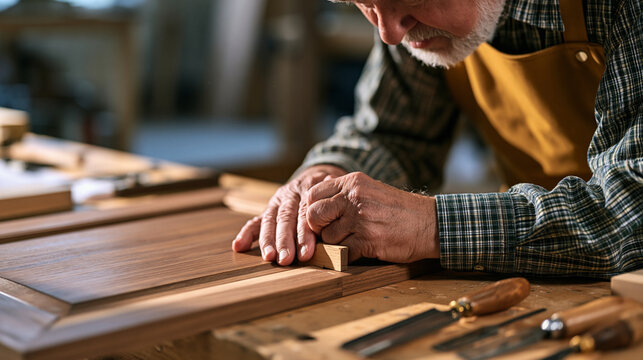 Elderly antique restorer with weathered hands pressing a worn dovetail joint back into a walnut cabinet in an abandoned workshop, dust motes suspended in pale light, faded tools