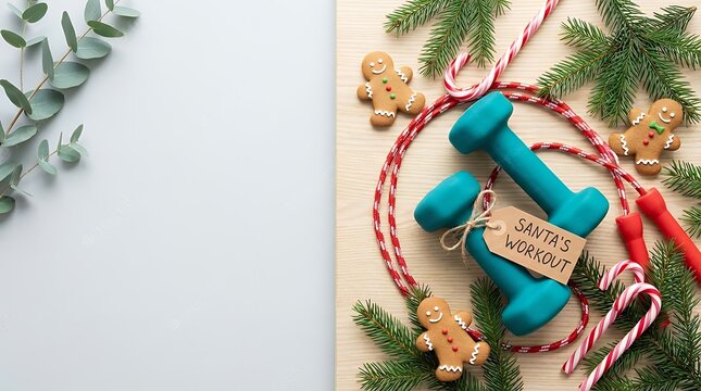 A creative flat lay composition featuring gym dumbbells alongside traditional Christmas decorations like tree branches gingerbread cookies and candy canes. A playful take on balancing fitness and