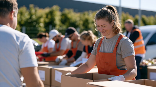 Supermarket cashier overseeing a cardboard box assembly station in a sunny outdoor staff carpark, group of colleagues taping and labelling produce boxes in coordinated workflow,