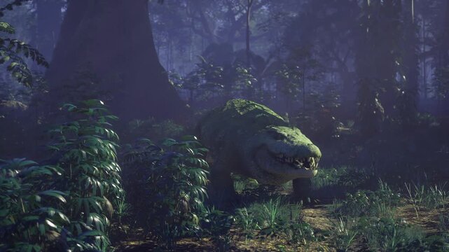 Moonlit forest crocodile baring teeth near ferncovered mound, low purple lighting heightens menace, thick shadows and damp earth texture emphasize predator