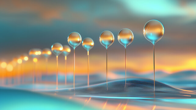 Abstract glowing glass spheres on long thin stems in a row on landscape background. Futuristic technology concept or artificial intelligence 3d.