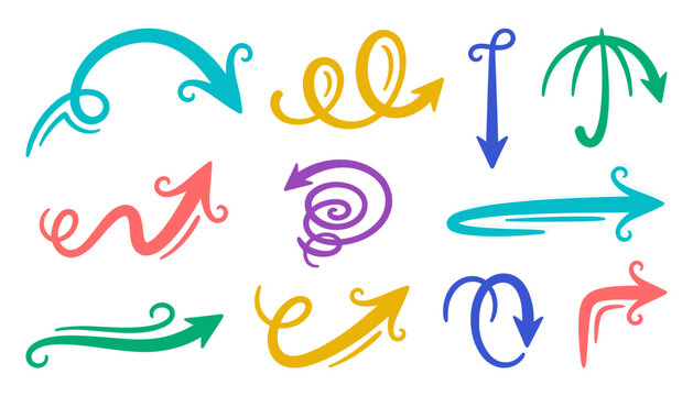 Colorful Hand-Drawn Arrows and Swirls Set, Decorative Design Elements