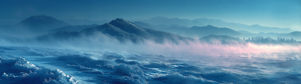 Mist and blowing snow over icy winter mountain landscape at sunrise. Cold atmospheric weather, scenic nature view, wide panoramic banner.