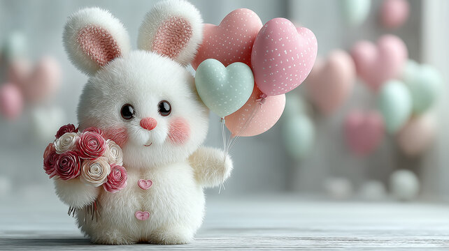 Cute fluffy white bunny holding rose bouquet and heart balloons. Valentines Day celebration, love greeting card, sweet holiday concept 3d.