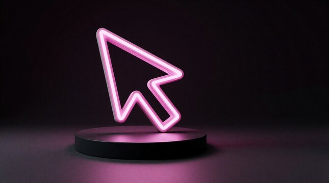 Pink neon cursor icon shines brightly on a dark pedestal. Digital pointer symbol represents selection, choice, and online interaction. Futuristic interface graphic against abstract background.