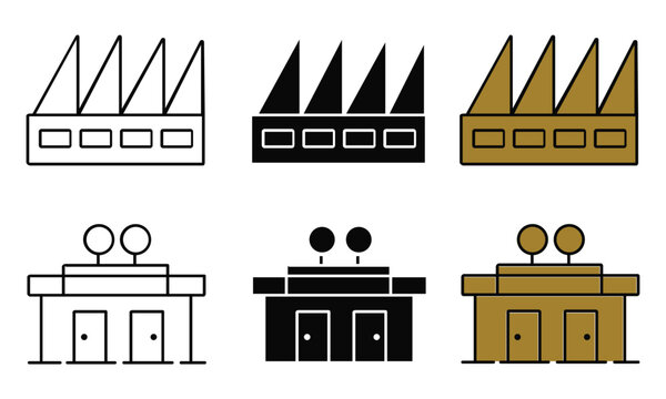 Set of stylized factory and building in outline solid and color variations