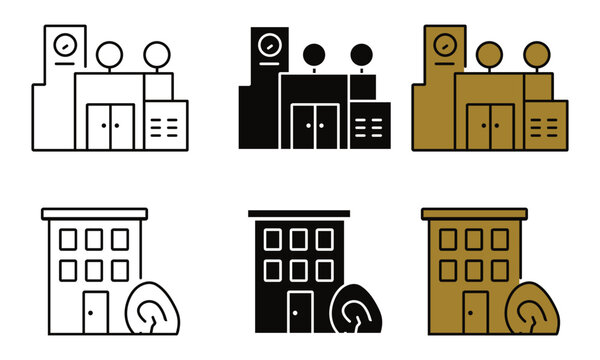 Set of stylized building including a clock tower and a residential building