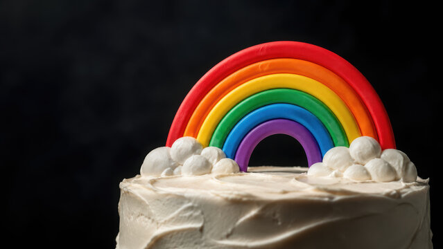 Rainbow cake topper with vibrant colors and white frosting creates joyful celebration atmosphere perfect for parties and special occasions