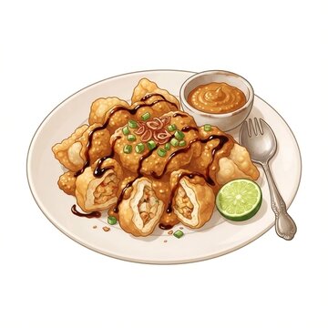 Indonesian Street Food Batagor Fried Fish Dumplings Served with Peanut Sauce and Lime Isolated on White Background, Generative AI