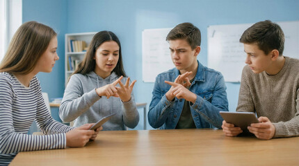Fototapeta premium Group of four teenagers discussing and using tablets at a table 