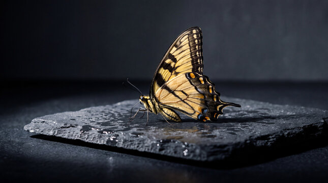Swallowtail Butterfly on Slate: An exquisite swallowtail butterfly, its wings a mosaic of yellow and black, rests serenely on a dark, textured slate.