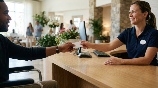 Resort reception area with smiling staff assisting guest at front desk, modern interior, welcoming atmosphere, natural light, plants