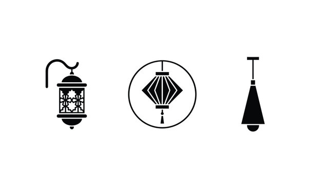 Collection of minimalist black and white hanging lamp icons depicting various lantern styles for interior design projects.