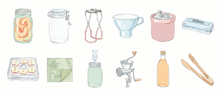 Canning preservation equipment watercolor illustration set for home pickling featuring glass jars, fermenting crock, dehydrator, jar lifter, and food storage tools isolated on white background.